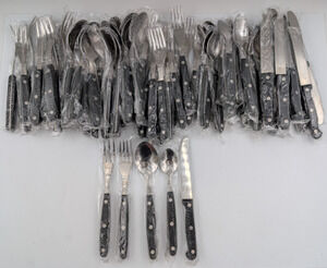 Ronco Showtime 79 Pc Flatware Set Stainless Steel Black Riveted Handles